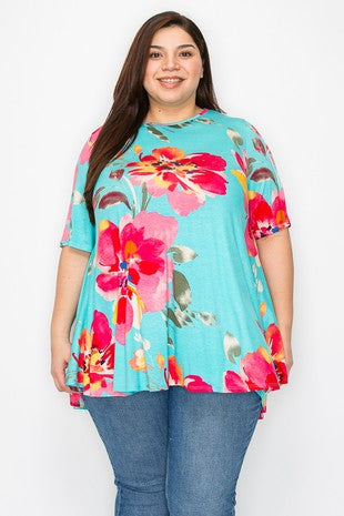 16 PSS {Bring The Love} Aqua Large Floral Print Top EXTENDED PLUS SIZE 4X 5X 6X