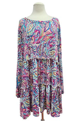 41 PLS {Make A Few Calls} Fuchsia Teal Multi Print Tiered Tunic EXTENDED PLUS SIZE 3X 4X 5X