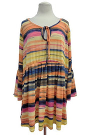 22 PLS {Sunset Talks} Yellow Stripe Bell Sleeve Neck Detail Top EXTENDED PLUS SIZE 3X 4X 5X