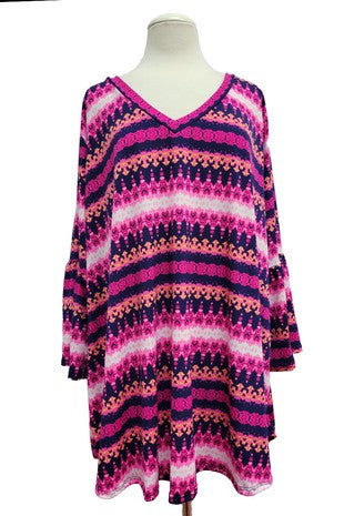 16 PQ {Think Of Me} Fuchsia Navy Print Bell Sleeve Top EXTENDED PLUS SIZE 3X 4X 5X