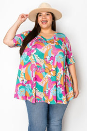 43 PSS {Full Bloom} Fuchsia Green Floral Print V-Neck Top EXTENDED PLUS SIZE 3X 4X 5X