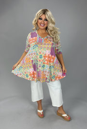 63 PSS {Meant For You} Green/Multi-Color Mixed Print Top EXTENDED PLUS SIZE 3X 4X 5X (True To Size)