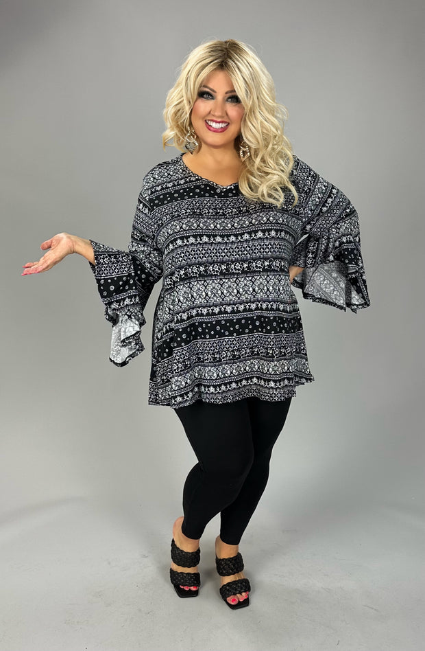 55 PQ {That's How You Know} Black Print Cascading Sleeve Top EXTENDED PLUS SIZE 4X 5X 6X