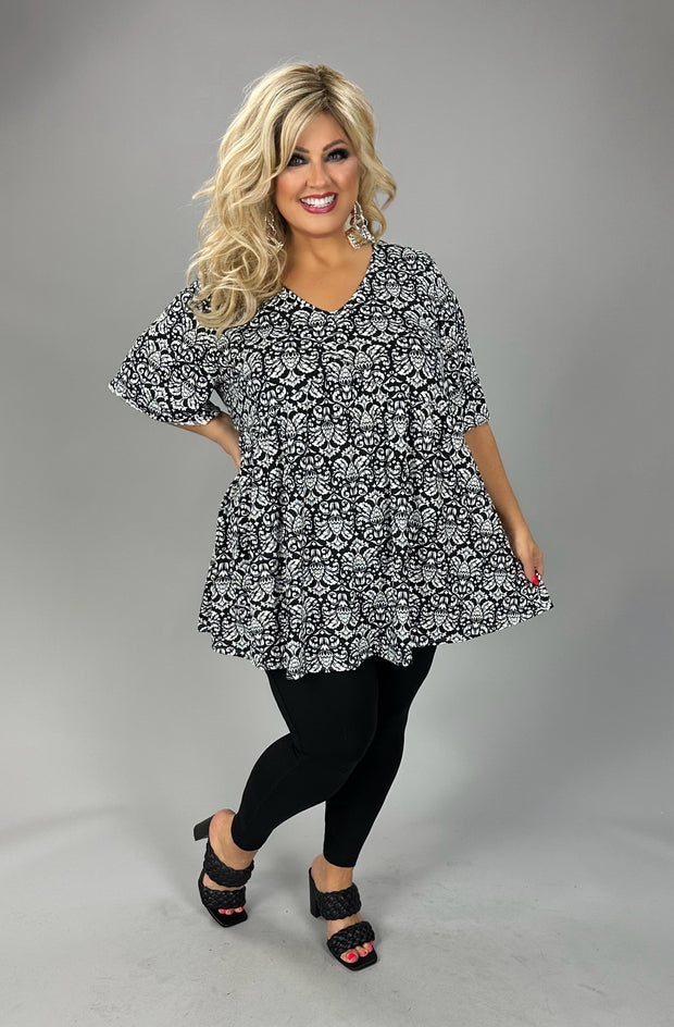 34 PSS {Feeling Fearless} Black Print Babydoll V-Neck Top EXTENDED PLUS SIZE 3X 4X 5X