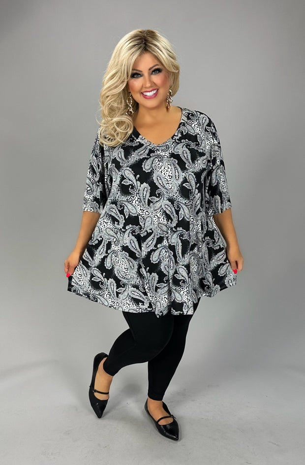 26 PSS {Dress Distinct} Black/White Paisley V-Neck Top EXTENDED PLUS SIZE 3X 4X 5X