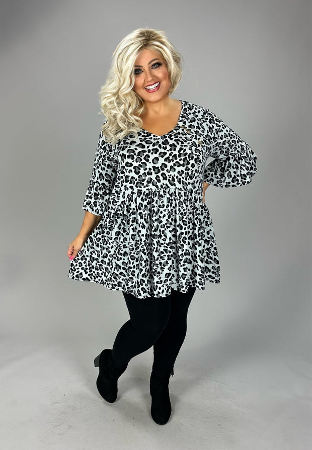 43 PSS {Wild Living} Gray & Black V-Neck Animal Print  Babydoll Top