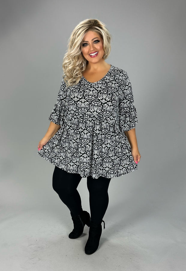 46 PSS {Modern Love} Black/Ivory Damask V-Neck Babydoll Top  EXTENDED PLUS SIZE 3X 4X 5X