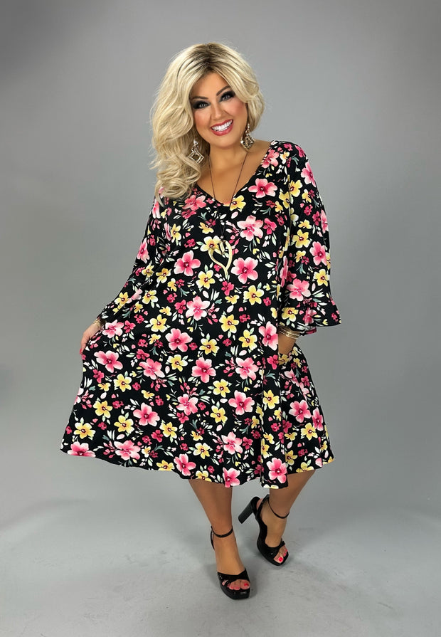 61 PQ {Night Blooms} Black Floral V-Neck Dress CURVY BRAND!! EXTENDED PLUS SIZE 4X 5X 6X