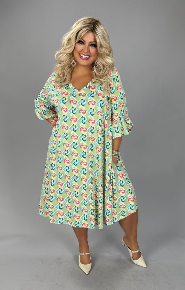 86 PSS {Keep You Close} Lt. Sage Print V-Neck Print Dress EXTENDED PLUS SIZE 4X 5X 6X