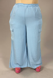 BT-P {Vacay Honey} Blue Elastic Waist Wide Leg Cargo Pants PLUS SIZE 1X 2X 3X