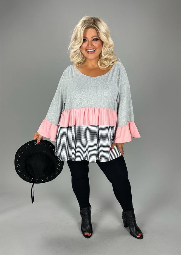 CP {On This Day} H. Grey/Pink/ Stripe Print Tiered Top CW PLUS SIZE 1X 2X 3X