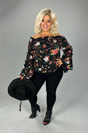 96 OS-A {Make My Heart Race} Black Floral Ruffled Sleeve Top PLUS SIZE XL 2X 3X