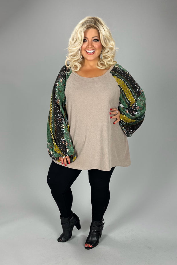 30 CP-X {Pleasing Vision} Taupe Top W/Floral Sleeves PLUS SIZE 1X 2X 3X