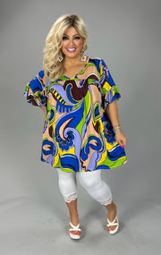 12 PSS {Charming Energy} Blue Abstract Print Top EXTENDED PLUS SIZE 4X 5X 6X (Size Up 1 Size)