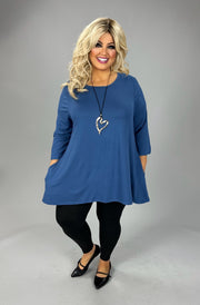 38 SQ {One More Shot} Blue Quarter Sleeve Round Hem Top EXTENDED PLUS SIZE 3X 4X 5X