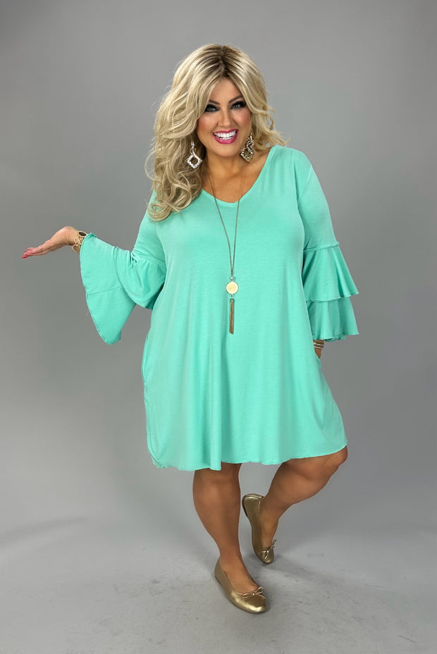 60 SQ {No Excuses} Mint V-Neck Tiered Sleeve Dress PLUS SIZE 1X 2X 3X