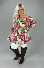 SALE!! 99 PSS {Enchanting Evenings} Brown/Pink Floral V-Neck Babydoll Top EXTENDED PLUS 3X 4X 5X