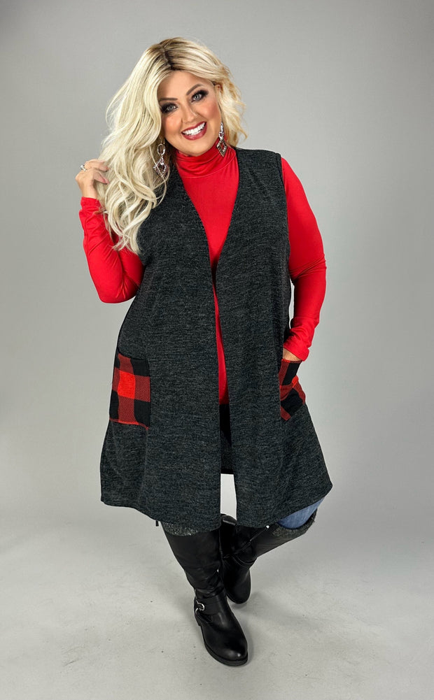 34 OT {Staying On Target} Charcoal Vest w/Plaid Pockets EXTENDED PLUS SIZE 4X 5X 6X