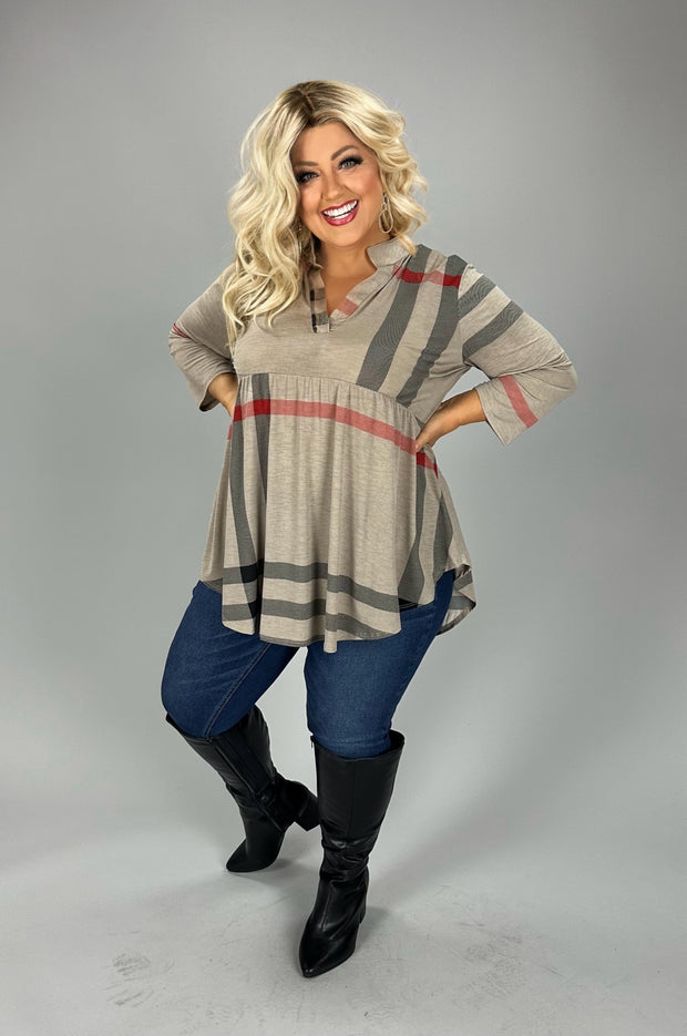 33 PQ {Keep It Consistent} Mocha Plaid Babydoll Top PLUS SIZE 1X 2X 3X