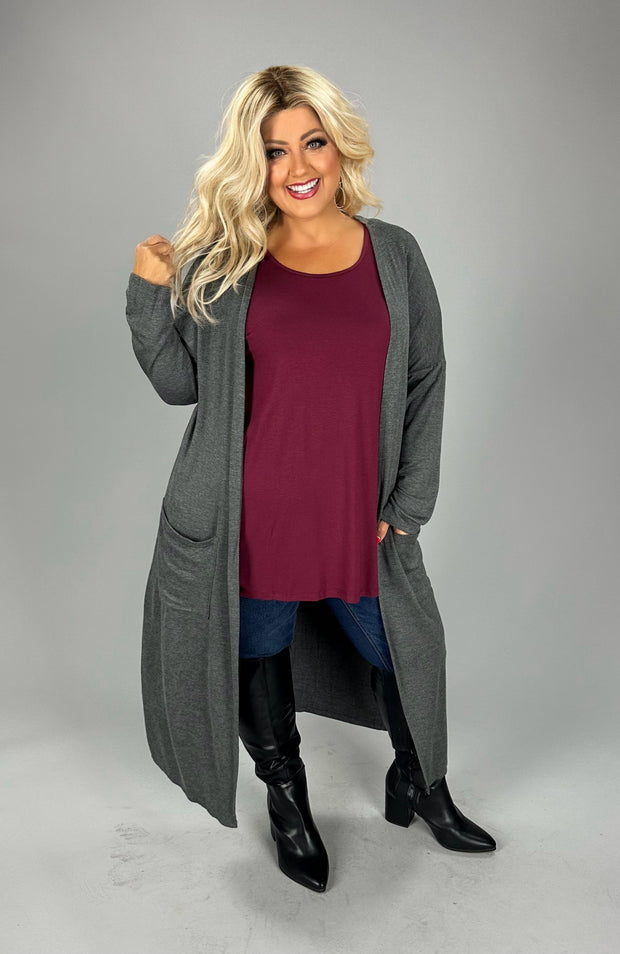 LD-Q {Class And Charm} Charcoal Long Duster w/Pockets PLUS SIZE XL 2X 3X