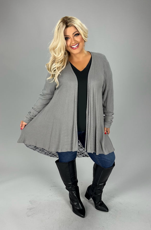 36 OT {Sweet Feels} VOCAL D.Grey Waffle Knit Lace Cardigan PLUS SIZE XL 2X 3X