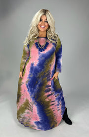 LD-V {Aspen Outing} Blue/Mauve/Olive Tie Dye Maxi Dress PLUS SIZE 1X 2X 3X