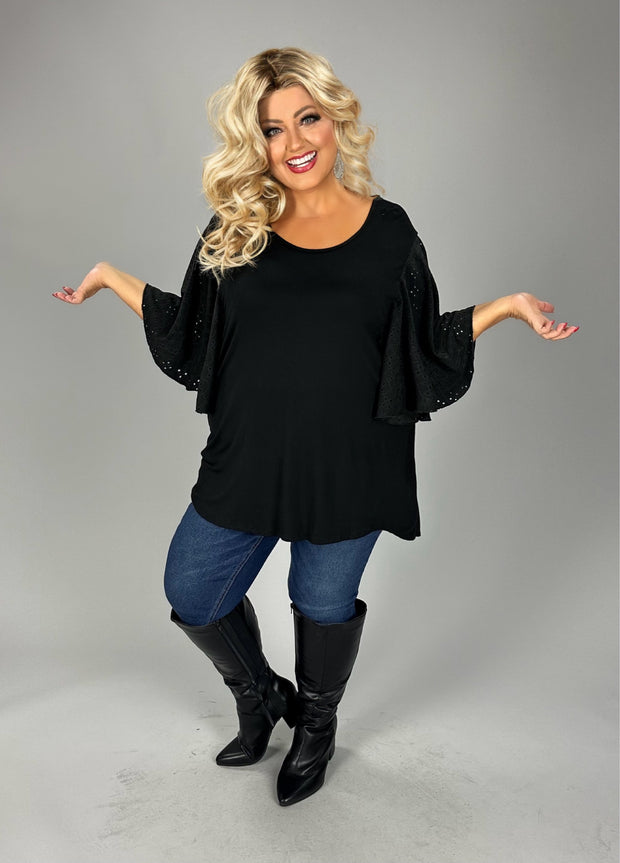 54 SD {Not So Subtle} Black Eyelet Bat Wing Sleeve Top PLUS SIZE 1X 2X 3X