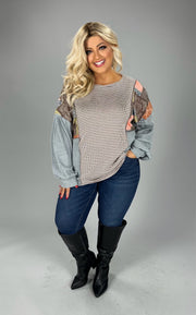 SALE!! 12 CP {Never Give Up} Mauve Print Patchwork Grey Sleeve Top PLUS SIZE XL 2X 3X