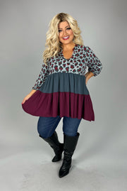 90 CP-A {Make Me Believe} Grey/Burgundy Leopard Tiered Top PLUS SIZE 1X 2X 3X