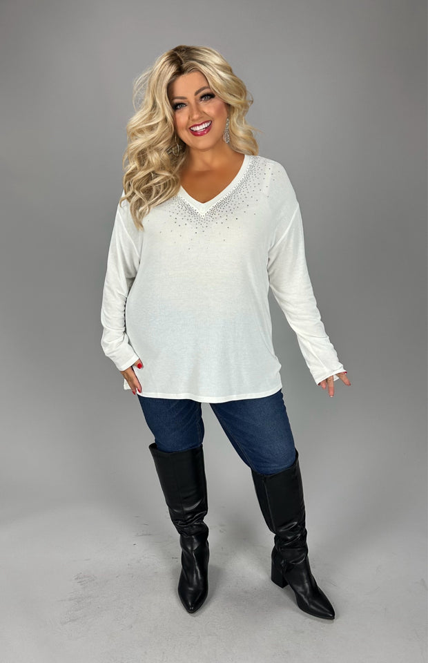 30 SD {Comfy Glam} VOCAL Off White Rhinestone V-Neck Top PLUS SIZE XL 2X 3X