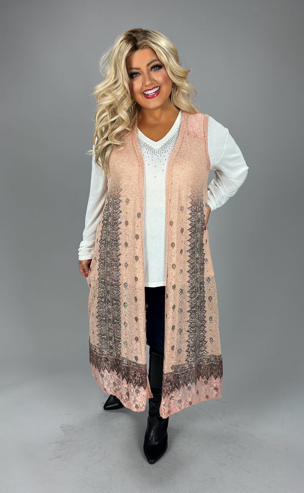 26 OT {Oh So Lovely} VOCAL Peach Lace Long Vest w/Studs PLUS SIZE XL 2X 3X