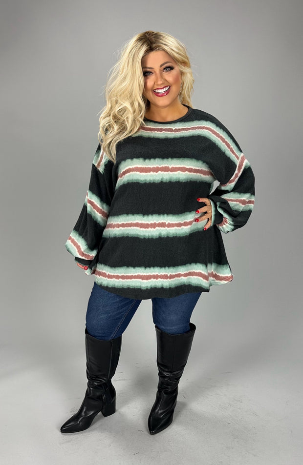 12 PLS {Here Comes Trouble} Black w/Teal & Mauve Striped Top EXTENDED PLUS SIZE 3X 4X 5X