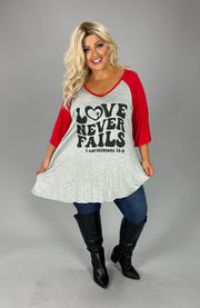 27 GT {Love Never Fails} Grey/Red Graphic Tee CURVY BRAND!!! EXTENDED PLUS SIZE XL 2X 3X 4X 5X 6X