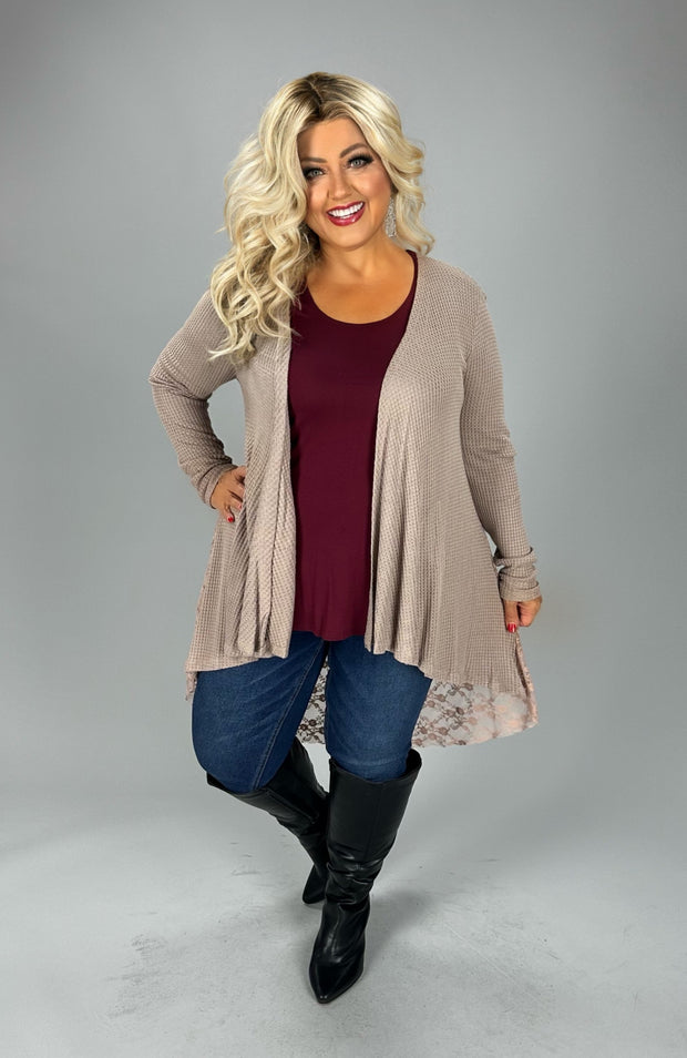 35 OT {Sweet Feels} VOCAL Mocha Waffle Knit Lace Cardigan PLUS SIZE XL 2X 3X