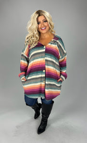 24 OT {Playing It Cozy} Teal/Taupe Stripe Buttoned Cardigan w Hood PLUS SIZE 1X 2X 3X