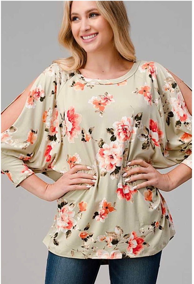 SALE!! 54 OS-D {Cold Rose}  Light Olive Floral Print Tunic Plus Size XL 2X 3X