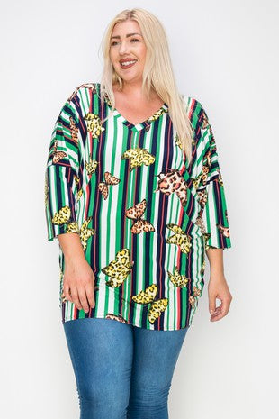 15 PSS {Take Flight} Green Stripe Butterfly Print Top EXTENDED PLUS SIZE 3X 4X 5X