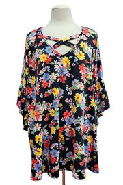 16 PSS {Uptown Meeting} Black Floral Cross Neck Top EXTENDED PLUS SIZE 1X 2X 3X 4X 5X 6X