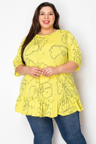 17 PSS {Pop Of Lime} Lime Charcoal Print Floral Top EXTENDED PLUS SIZE 3X 4X 5X