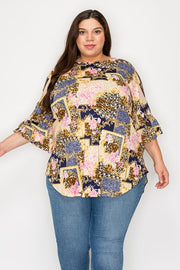 21 PQ {Royal Worthy} Navy Gold Multi Print Ruffle Sleeve Top EXTENDED PLUS SIZE 4X 5X 6X