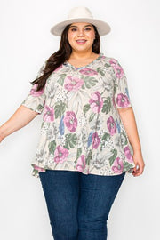 25 PSS {Delicate Garden} Taupe Floral Print V-Neck Top EXTENDED PLUS SIZE 3X 4X 5X