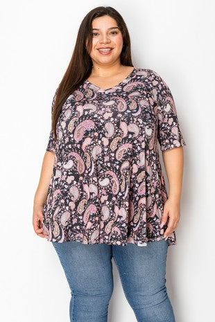 25 PSS {Pretty In Paisley} Black Pink Paisley V-Neck Top EXTENDED PLUS SIZE 3X 4X 5X