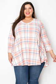 31 PQ {Perfectly Plaid} Blush Blue Plaid V-Neck Top EXTENDED PLUS SIZE 3X 4X 5X