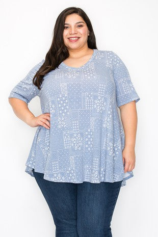 33 PSS {Vintage Soul} Dusty Blue Patchwork V-Neck Top EXTENDED PLUS SIZE 3X 4X 5X