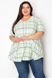 36 PSS {Give Me A Reason} Light Green Plaid V-Neck Top EXTENDED PLUS SIZE 3X 4X 5X