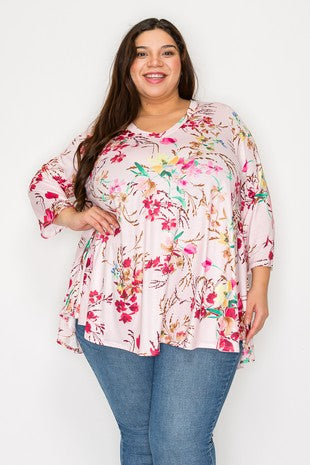 38 PQ {Spark Of Love} Blush Pink Floral V-Neck Top EXTENDED PLUS SIZE 3X 4X 5X