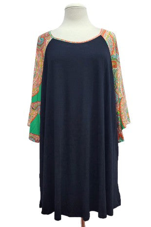 47 CP {Feisty Attitude} Black Multi Paisley Contrast Sleeve Top EXTENDED PLUS SIZE 4X 5X 6X