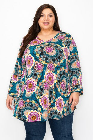 48 PQ {Save Your Seat} Teal Orange Mandala Print Tunic EXTENDED PLUS SIZE 3X 4X 5X