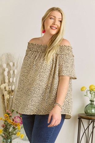 52 OS {Prowl Time} Taupe Black Spot Print Off Shoulder Top PLUS SIZE 1X 2X 3X