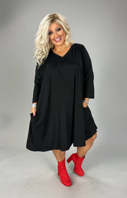 1-29 SQ {My Go To} Black V-Neck Dress w/Pockets EXTENDED PLUS SIZE 1X 2X 3X 4X 5X